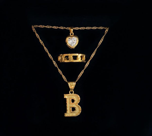 Cute Gold The Lovers Set with Block letter Necklace + Chain Link Ring + Crystal Heart Necklace
