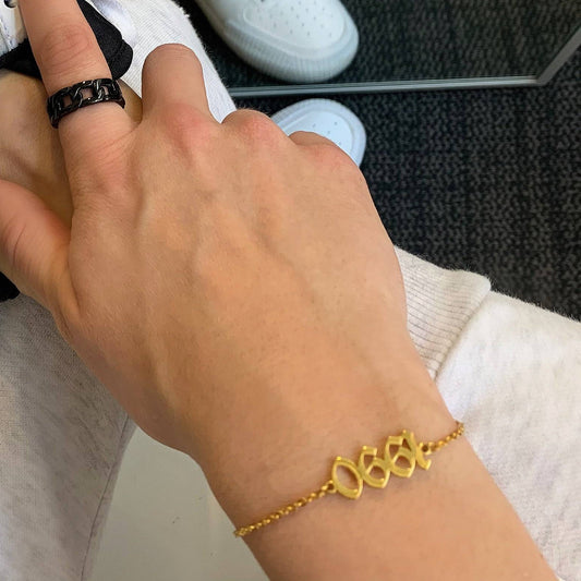 Trendy custom old english birthdate bracelet - worn