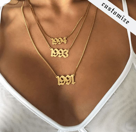 Box Chain Old English Birthdate Necklace Necklace aiobo 