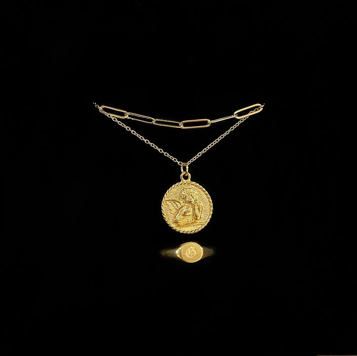Elegant Gold Link Set: Chain Necklace, Angel Pendant, and Signet Ring