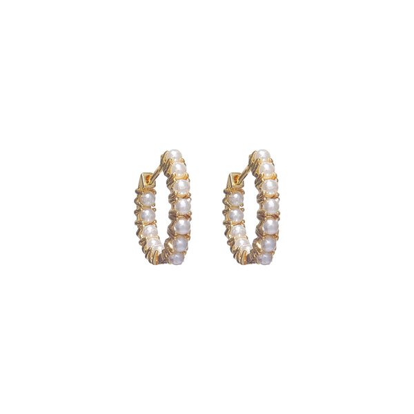 Classy high-fashion mini pearl hoops earrings - gold