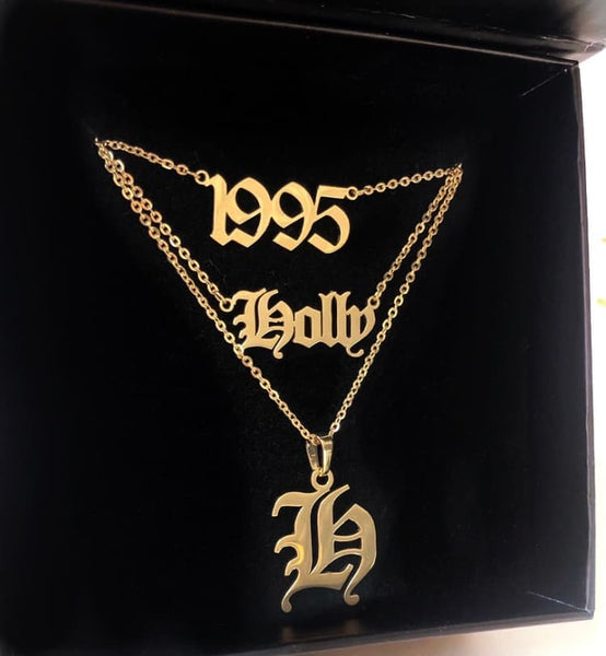 Fashionable custom old english nameplate the holly set with old english initial and old english birthdate necklace
