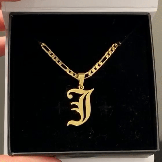 High-Class Gold Figaro Chain Necklace with Old English Initial Pendant - In Box