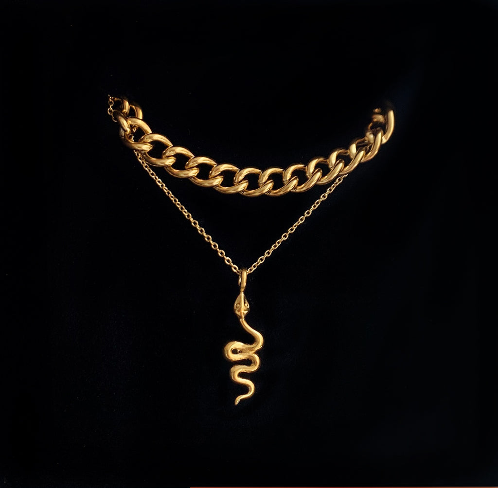 Gold Chunky Link Necklace with Snake Pendant Necklace