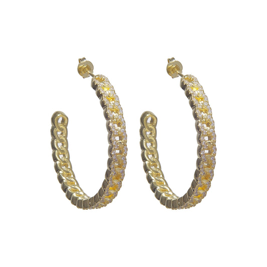 Fancy diamond iced link hoops earrings - gold