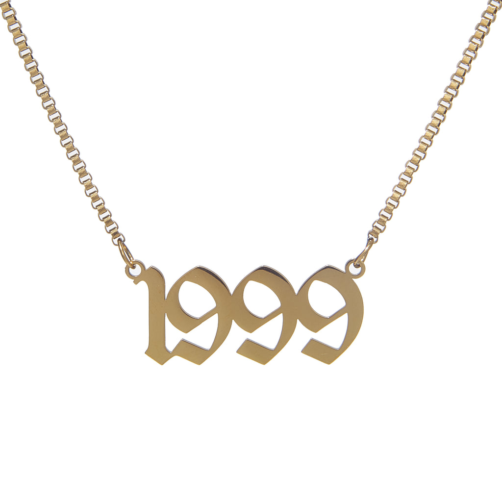 Classic stainless steel custom box chain necklace with old english birthdate pendant - gold