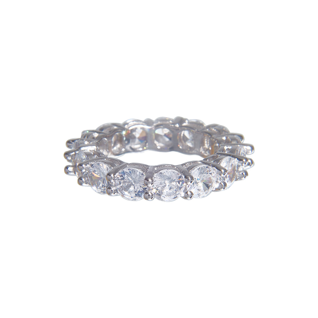 Stylish iced band ring with crystal studs - silver