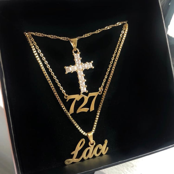 Cool custom box chain hanging script nameplate laci set with area code necklace and iced croix necklace
