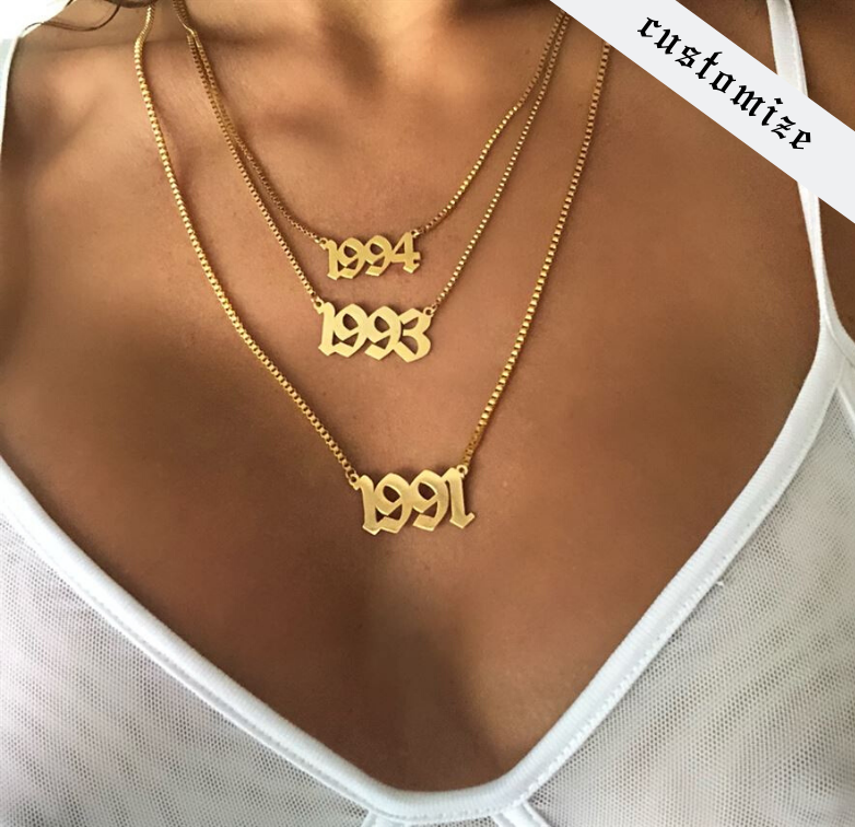 Classic stainless steel custom box chain necklace with old english birthdate pendant - customize