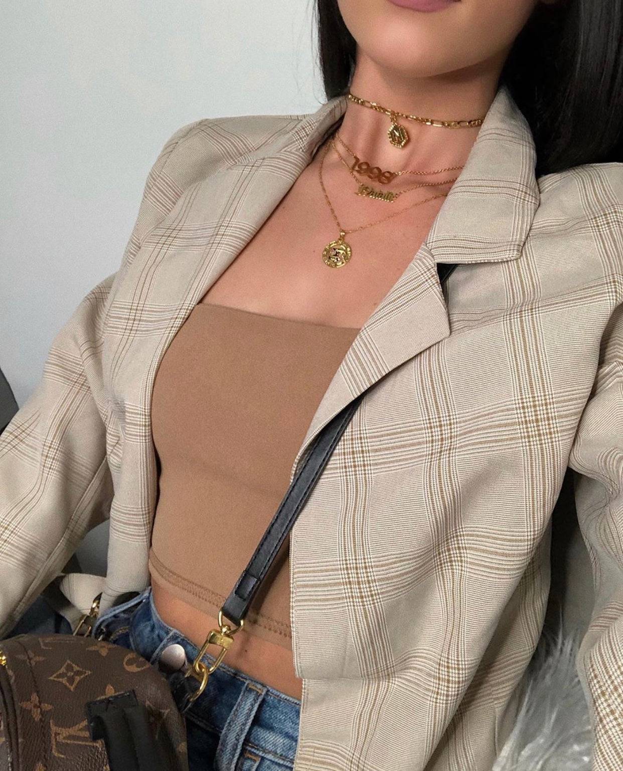 Classy gold custom initial hexagon pendant choker - worn zoom out