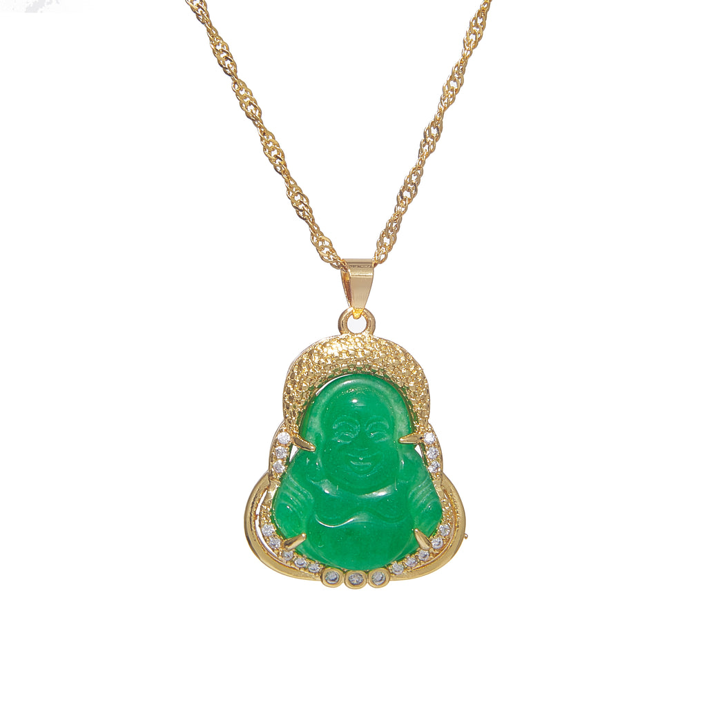 Stylish jade buddha pendant necklace with gold edge detailing