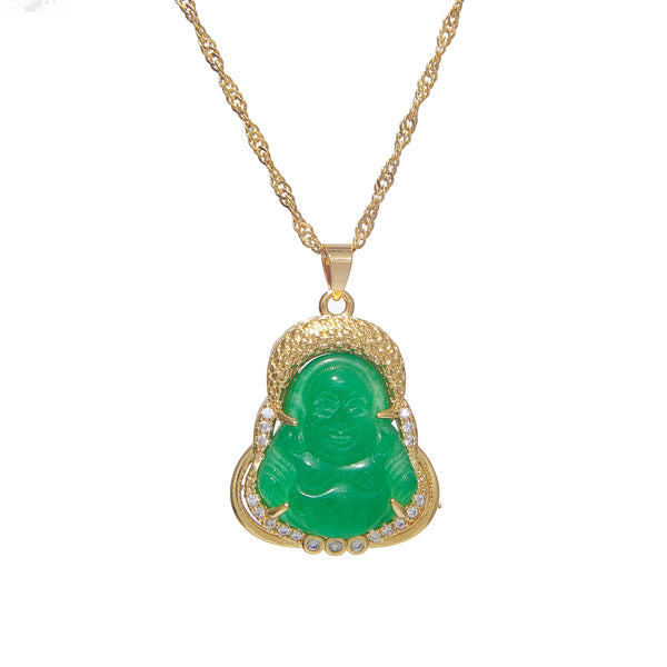 Stylish jade buddha pendant necklace with gold edge detailing