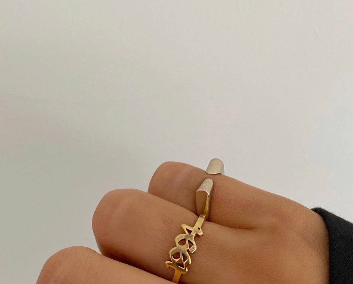 Edgy stainless steel custom ring in 3 colors and 2 fonts - worn