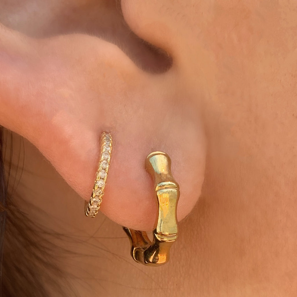 Classic Gold Mini Bamboo Huggies Earrings with Simple Stack Huggie Earrings