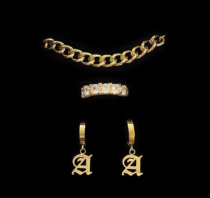 Elegant Gold Link Set:Chain Necklace, Iced Ring, and English Huggie Earrings