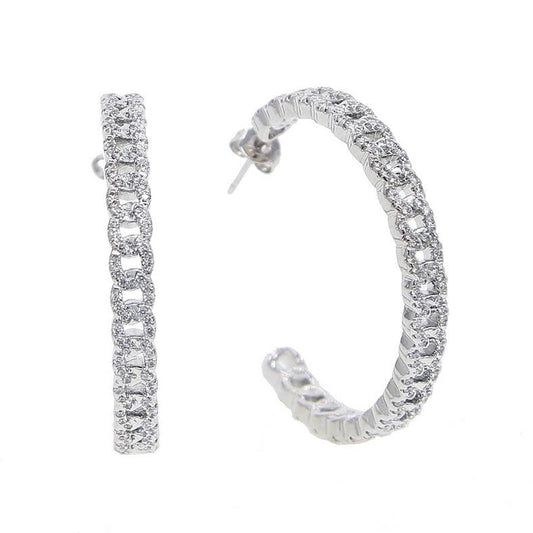 Fancy diamond iced link hoops earrings - silver