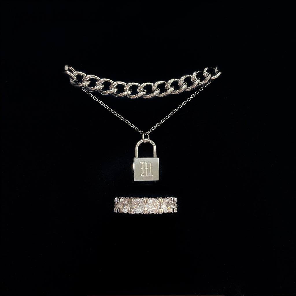 Classic Silver Link Set: Old English Chain Necklace and Iced Ring
