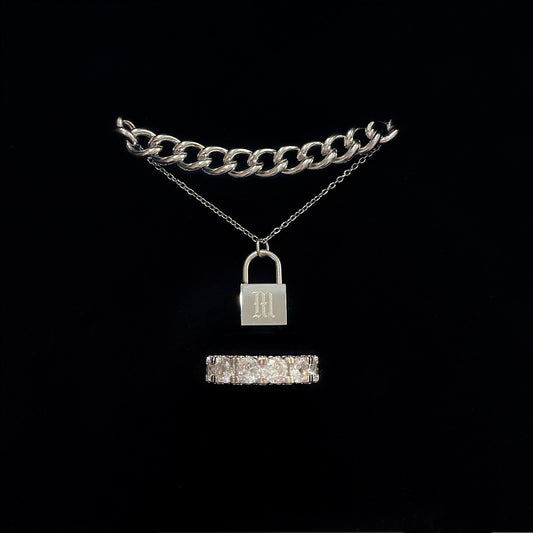 Classic Silver Link Set: Old English Chain Necklace and Iced Ring