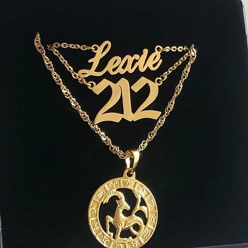 Cool custom script nameplate necklace lexie set with custom area code and horoscope pendant
