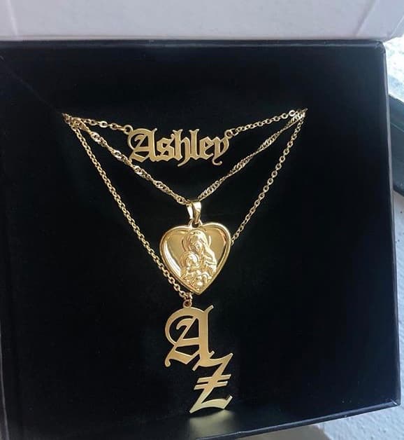 Trendy custom old english nameplate ashley set with angel baby pendant and old english double letter necklace